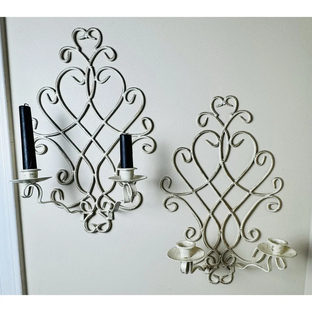Vintage French Country Distressed Metal Wall Sconce Candle Holder Pair Cream 16